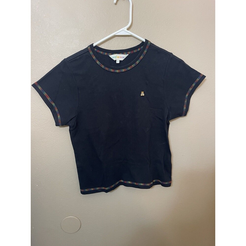 Teddy Fresh Women Shirt S Black Rainbow Trim Bear Embroidery Crew Neck Pullover